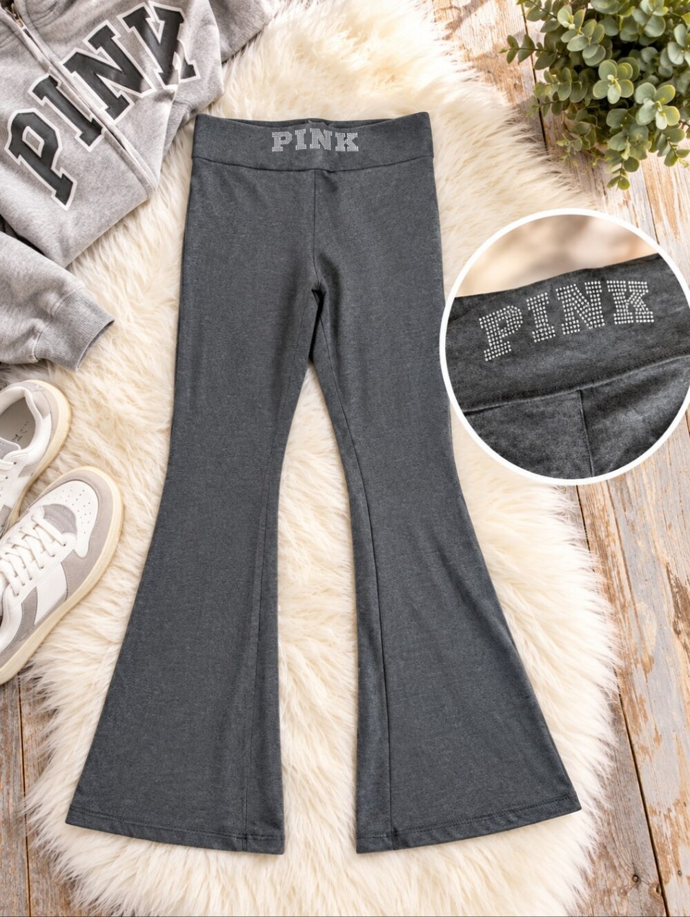 Victoria’s Secret PINK Y2K Foldover Flare Yoga Pants Rhinestone Gray Size L